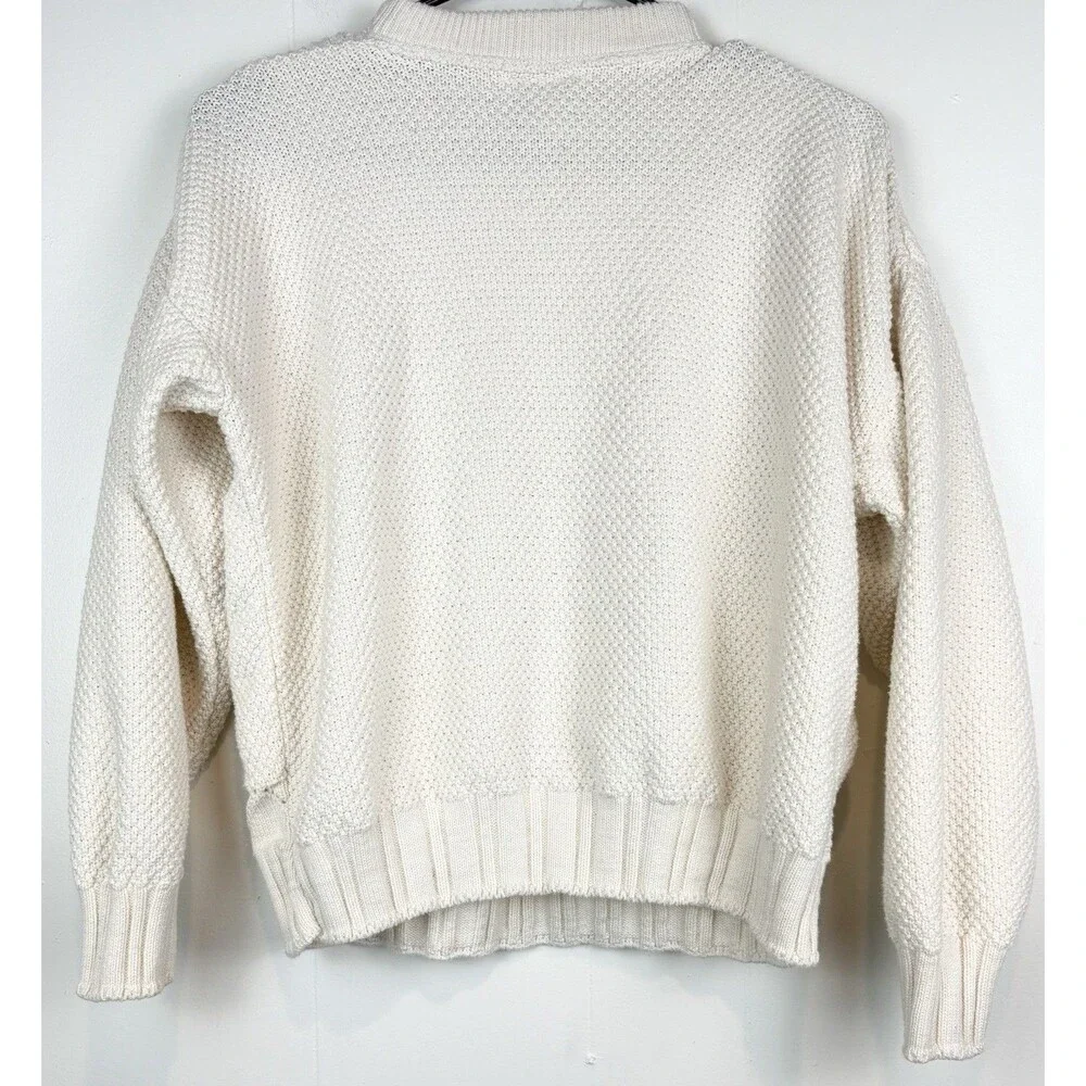 Womens L Vintage Sweater Knit Cream Cotton Grannycore 90s Mom Fisherman Crewneck - Picture 5 of 9